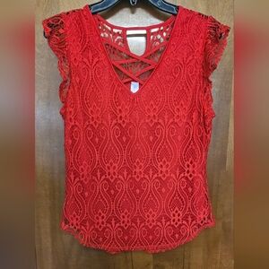 No Boundaries Red Lace V-Neck Short Sleeve Top